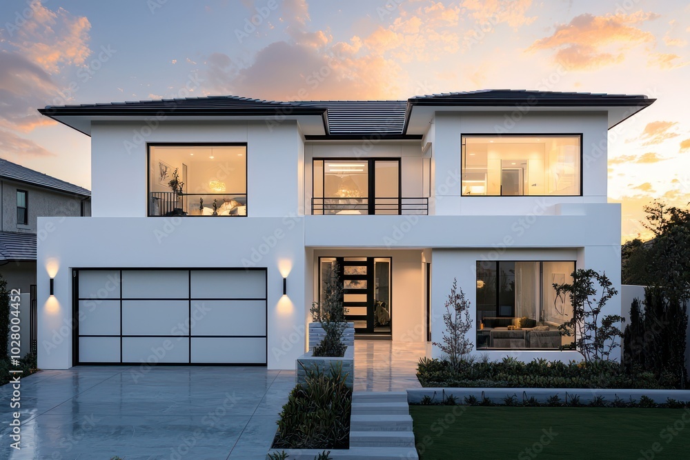 aspect ratio of a modern two-story house with white walls, flat roof, large garage door on the left, and a small garden at the entrance, captured at sunset aspect ratio of a modern two-story house with white walls, flat roof, large garage door on the left, and a small garden at the entrance, captured at sunset