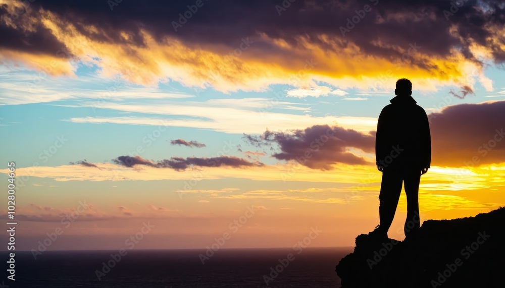 Fototapeta premium Silhouette on Cliff at Sunset