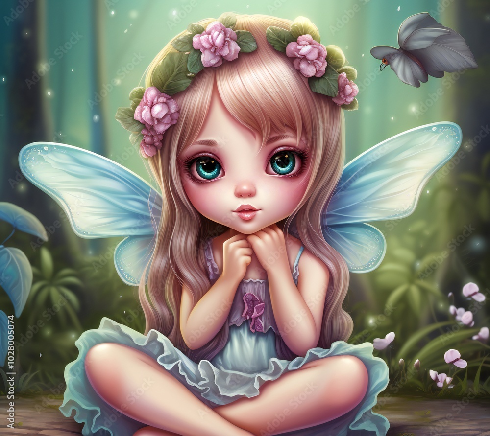 Cute sweet kawaii fairy girl with blonde hair, captivating with sparkling eyes Cute sweet kawaii fairy girl with blonde hair, captivating with sparkling eyes