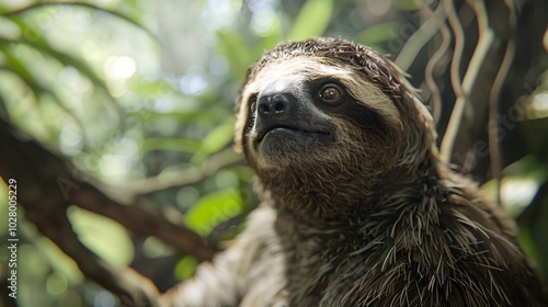 Photorealistic image of a sloth hanging from a tree branch. photo