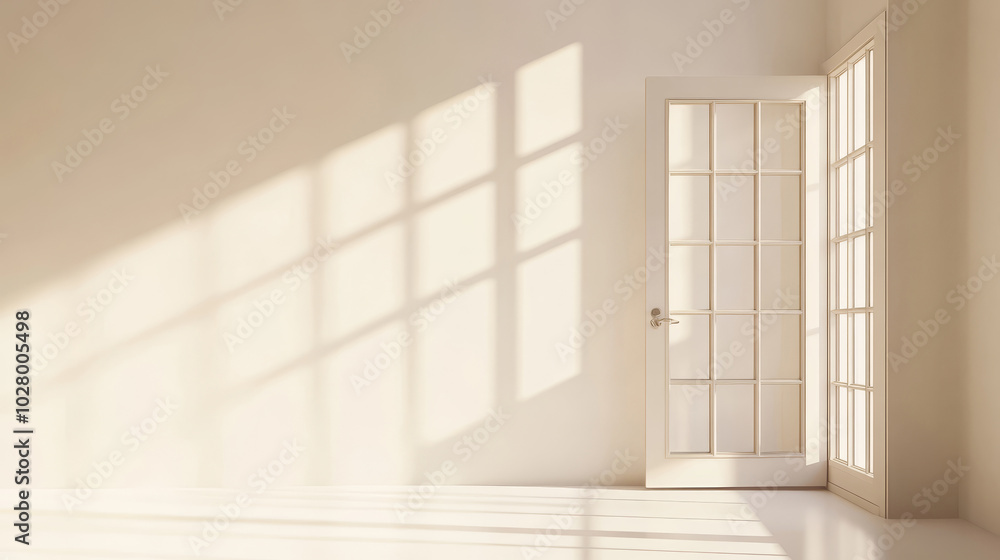 An empty room with light beige wall is bathed in sunlight from glass door. Concept minimalist setting for decor or product display. Interior background. An empty room with light beige wall is bathed in sunlight from glass door. Concept minimalist setting for decor or product display. Interior background.