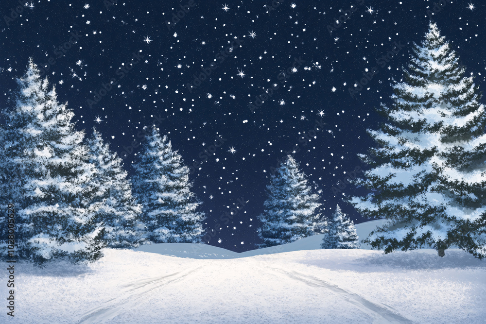 Fototapeta premium Snowy forest path under a starry night sky with tall, snow-covered pine trees lining the way, creating a peaceful winter scene 