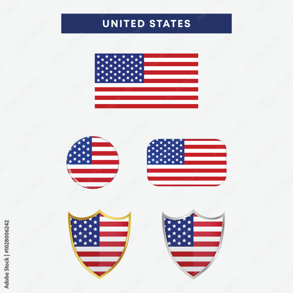 USA country flag, country flag button, and shield vector design USA country flag, country flag button, and shield vector design