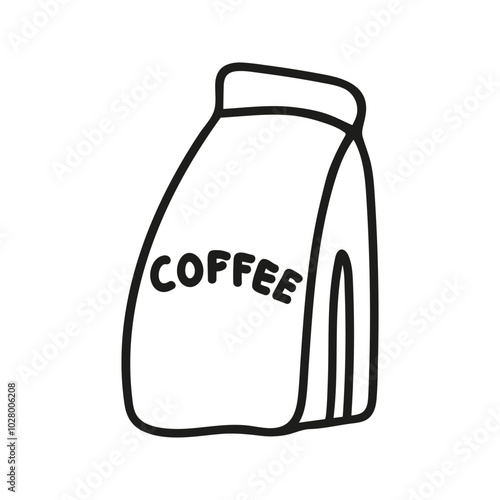Cute single hand drawn coffee beans in paper bag. Doodle illustration