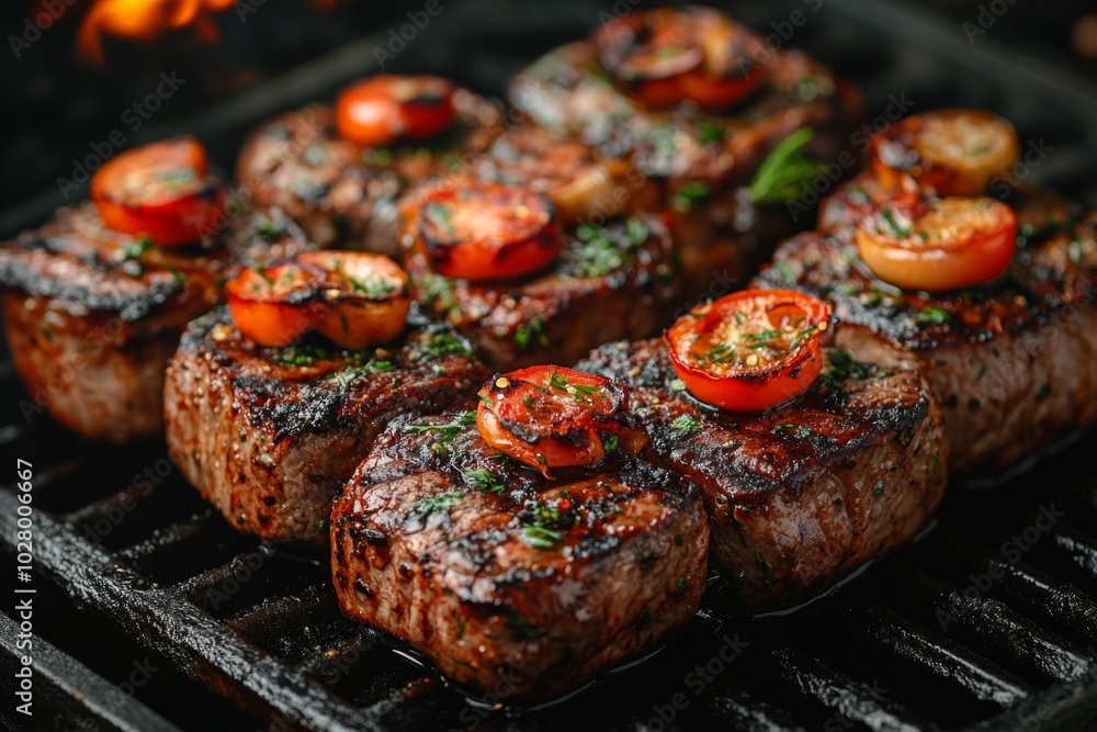 Close-up of baked meat with vegetables and spices. Close-up of baked meat with vegetables and spices.