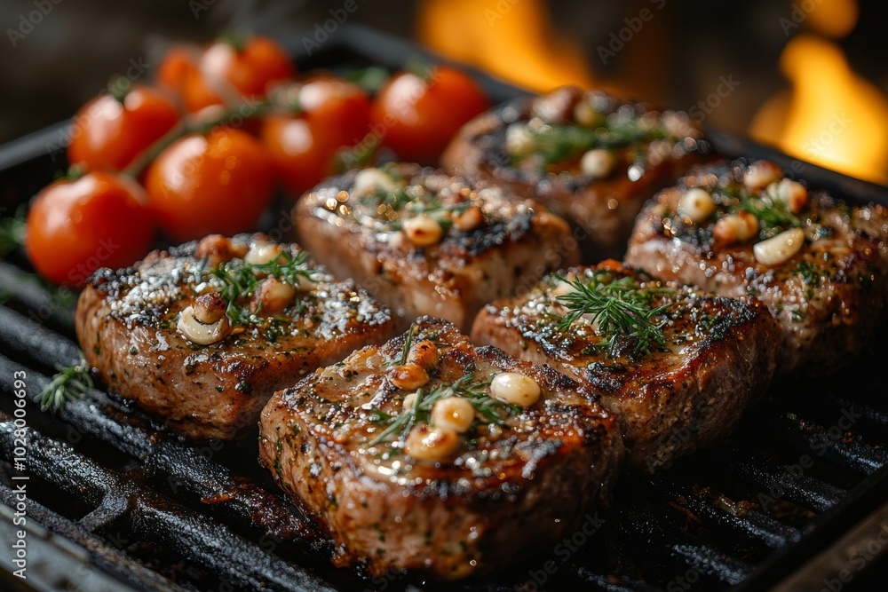 Close-up of baked meat with vegetables and spices. Close-up of baked meat with vegetables and spices.