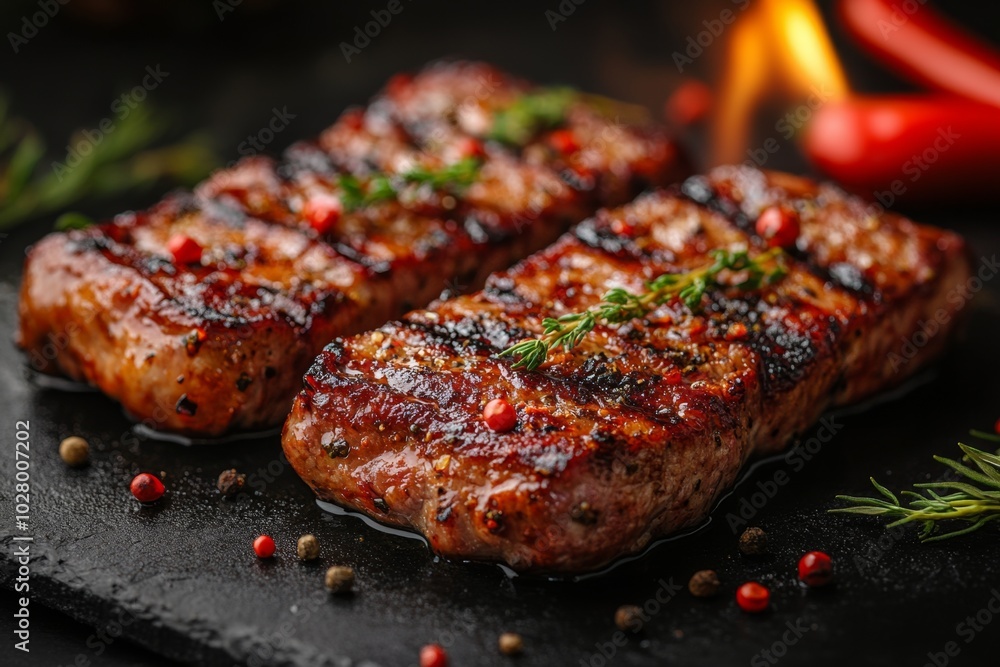 Close-up of baked meat with vegetables and spices. Close-up of baked meat with vegetables and spices.
