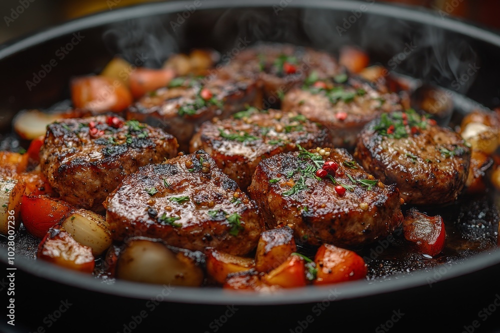 Close-up of baked meat with vegetables and spices. Close-up of baked meat with vegetables and spices.
