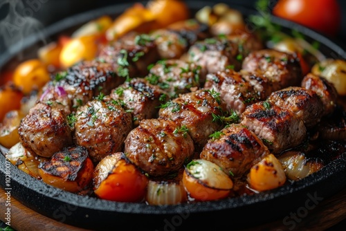 Close-up of baked meat with vegetables and spices.