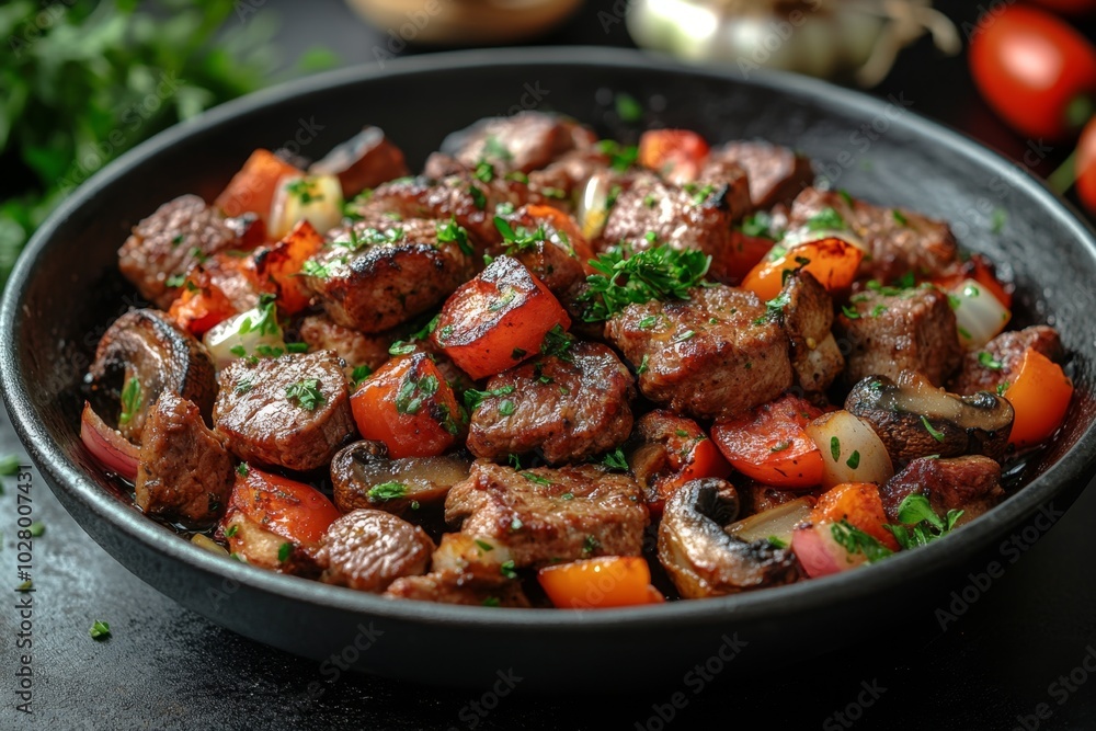 Close-up of baked meat with vegetables and spices. Close-up of baked meat with vegetables and spices.