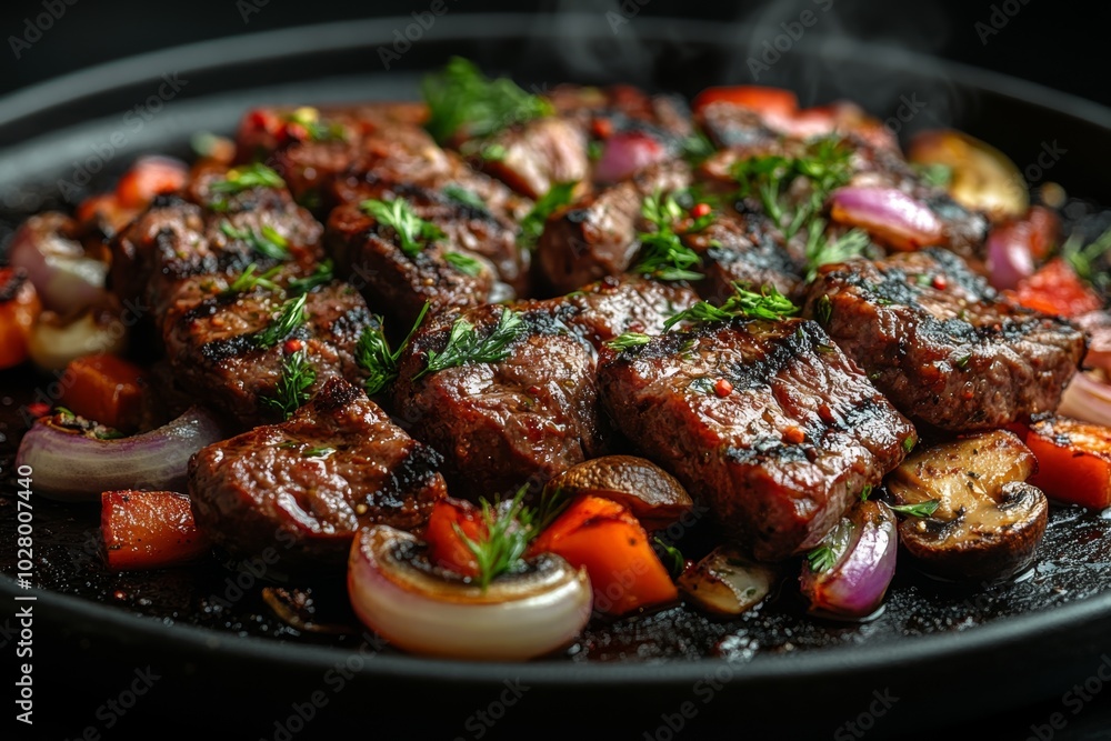 Close-up of baked meat with vegetables and spices.