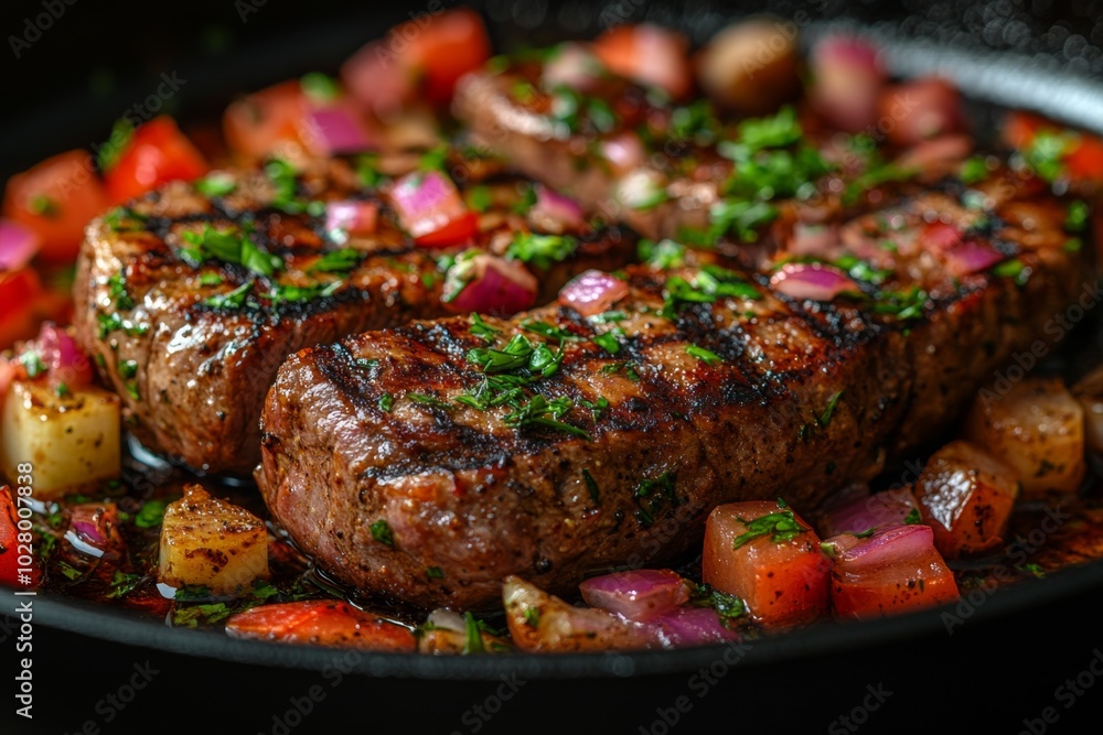 Close-up of baked meat with vegetables and spices. Close-up of baked meat with vegetables and spices.