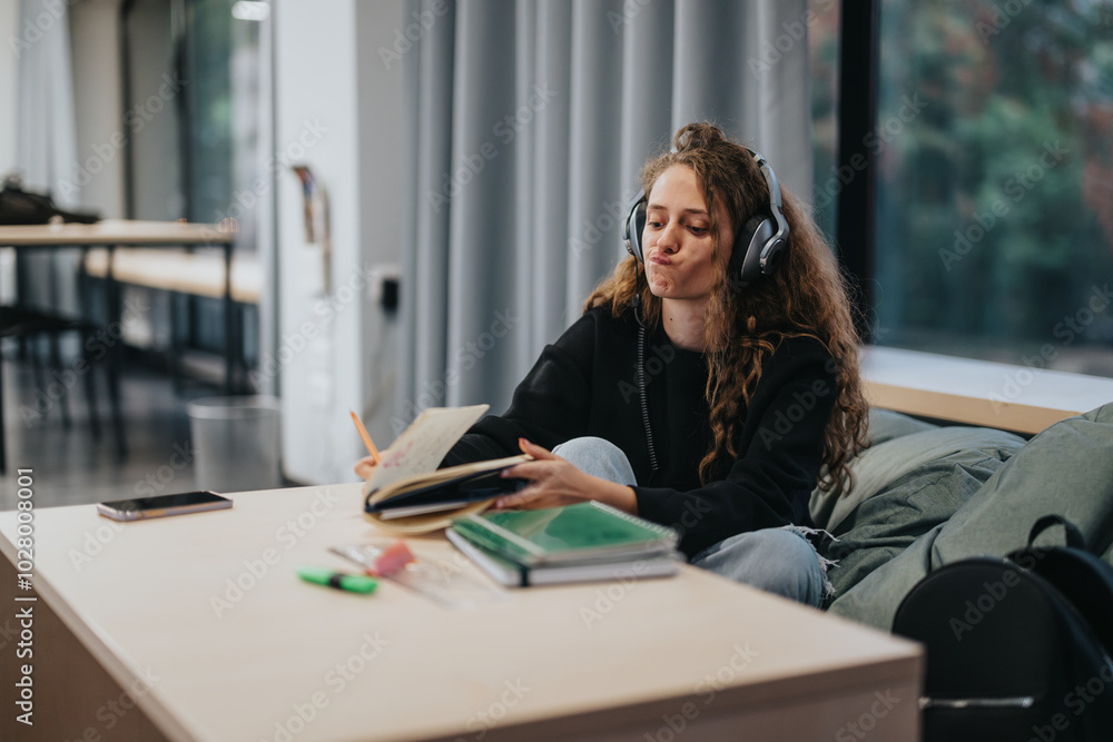 A high school student wearing headphones studies passionately in a cozy lounge area. The scene depicts concentration, relaxation, and youthful academic life in a modern educational environment. A high school student wearing headphones studies passionately in a cozy lounge area. The scene depicts concentration, relaxation, and youthful academic life in a modern educational environment.
