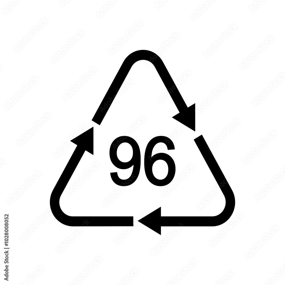 96 number in recycling sign in triangular shape with arrows. Glass or aluminium reusable icon isolated on white background. Environmental protection concept. Vector graphic illustration 96 number in recycling sign in triangular shape with arrows. Glass or aluminium reusable icon isolated on white background. Environmental protection concept. Vector graphic illustration