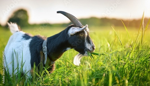 a black and white fold eared goat eats grass in a clearing in summer countryside photo