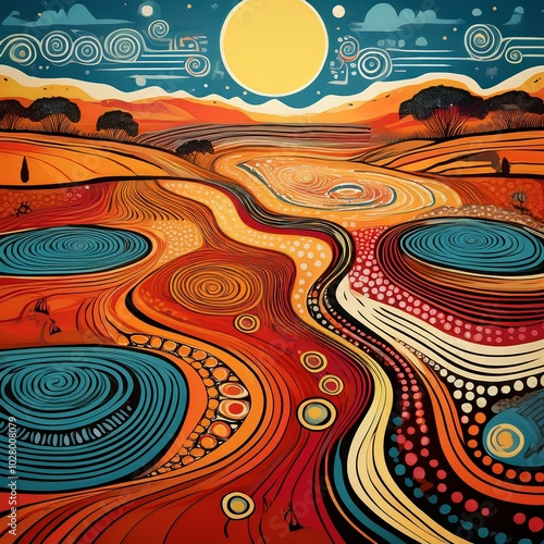 a captivating image of australia s landscapes landscape down under aboriginal inspired backdrop adorned with elements from the dreamtime and songlines photo