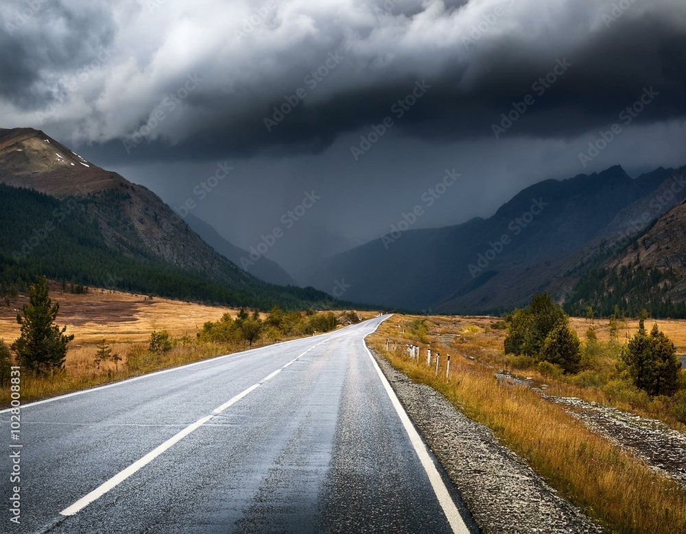 Naklejka premium asphalt road and mountains with dark clouds before heavy rain