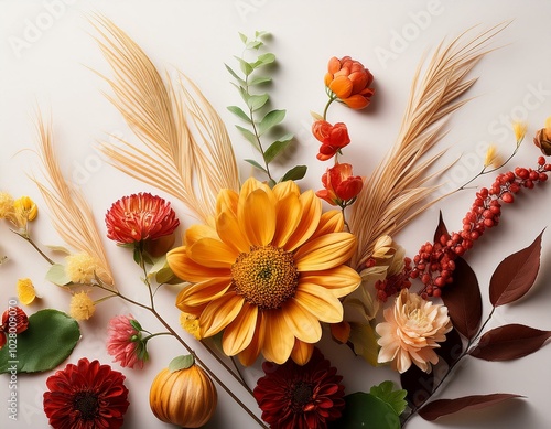 autumn composition made of beautiful flowers on light backdrop floristic decoration natural floral background