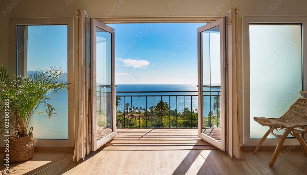 Fototapeta premium balcony with sea view big window and opened door in authentic house on coastline cozy home interior ventilation in apartment concept of calming travel fresh wind heat summer vacation