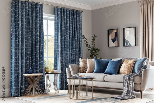 photo of a chic living room featuring large blue curtains with square patterns, a cozy sofa, side tables, and light grey walls