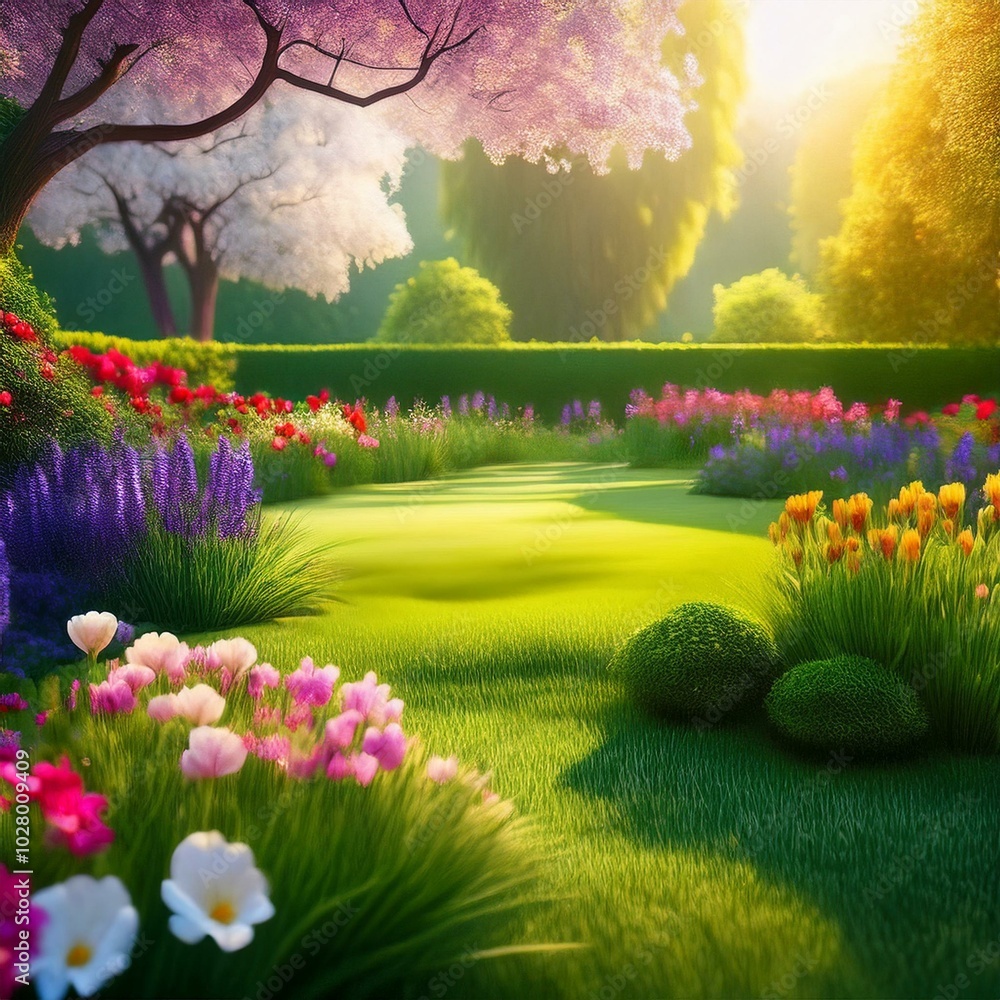 Fototapeta premium beautiful spring garden with flowers and lawn grass 3d illustration