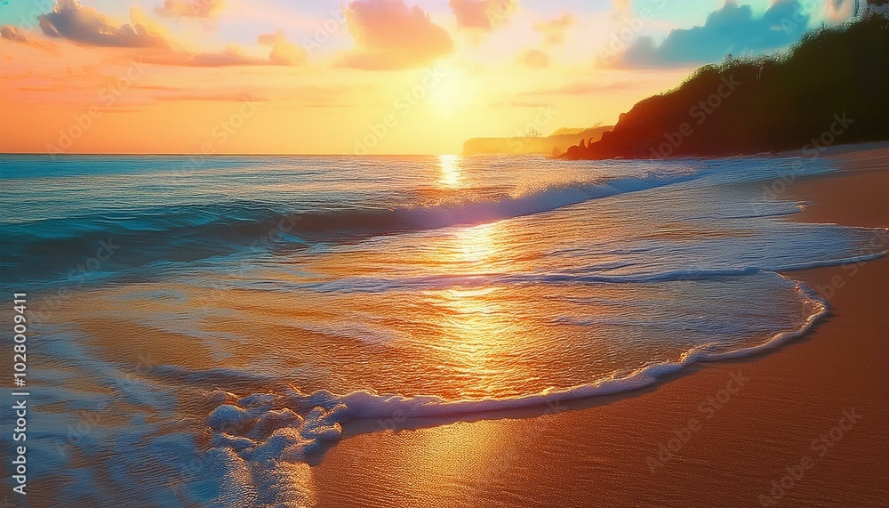 Fototapeta premium beautiful sea side summer beach in sunrise lights waves beach coast line nature in sunlight ocean sunset horizon landscape vacation happiness concept slow motion