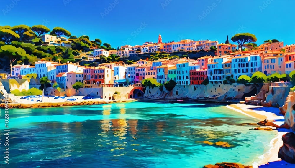 Naklejka premium A vibrant oil painting showing a peaceful Mediterranean town bathed in summer sunlight, surrounded by the sparkling blue sea and picturesque buildings, Generative AI