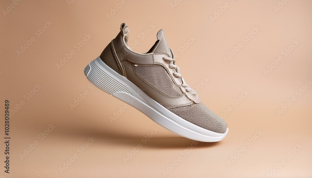 beige gray leather female sneakers with lace isolated on beige background flying fashion stylish casual sneakers sports unisex clothing shoes advertising minimal mockup with footwear