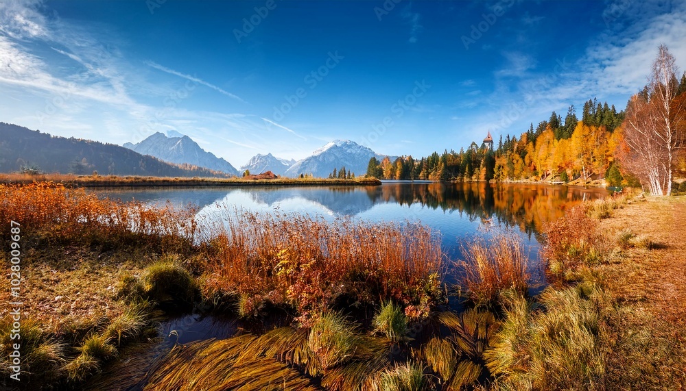 Naklejka premium breathtaking autumn scene of schiederweiher pond