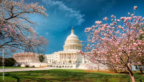 Obraz na płótnie capitol building near spring blossom magnolia tree us national capitol in washington dc american landmark photo of of capitol hill spring w salonie