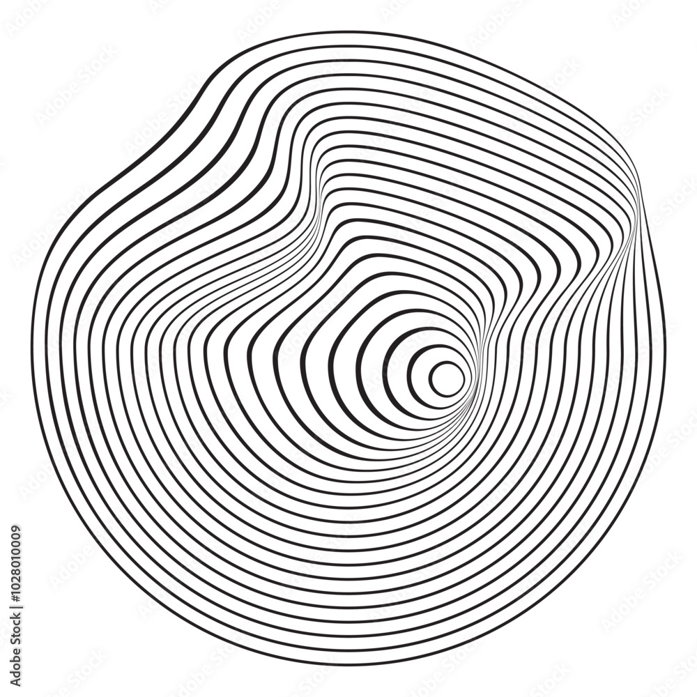 Wavy concentric circles. Topographic rings. Pulse, sound or ripple icon isolated on white background. Soundwave sign. Dynamic, motion or flow symbol. Trendy futuristic shape. Vector illustration Wavy concentric circles. Topographic rings. Pulse, sound or ripple icon isolated on white background. Soundwave sign. Dynamic, motion or flow symbol. Trendy futuristic shape. Vector illustration