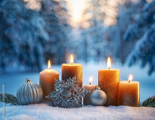 christmas decorations with candles on a snowy background winter forest landscape photo