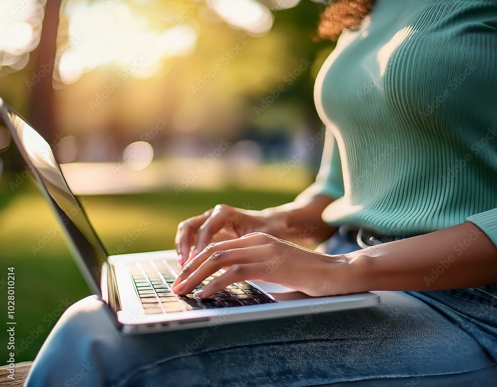 Naklejka premium close up female hands pressing on the notebook keyboard freelance work outside the premises a girl in a public park with a laptop computer