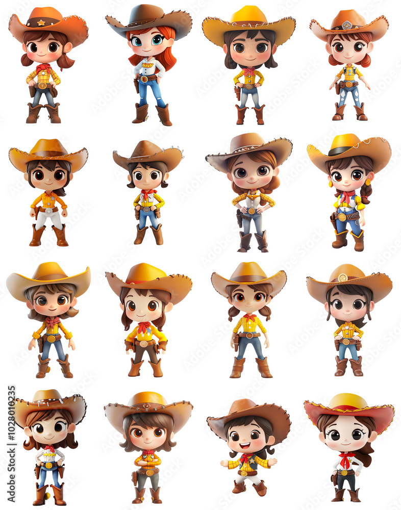 Obraz premium Adorable Cartoon Cowgirls Collection with Transparent Background - Set of 16 Illustrations