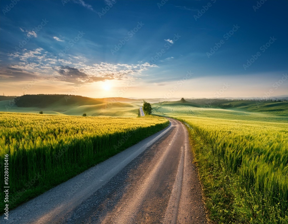 country road and green wheat fields natural scenery at sunrise country road and green wheat fields natural scenery at sunrise