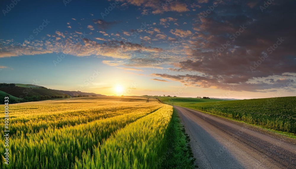 country road and green wheat fields natural scenery at sunset country road and green wheat fields natural scenery at sunset