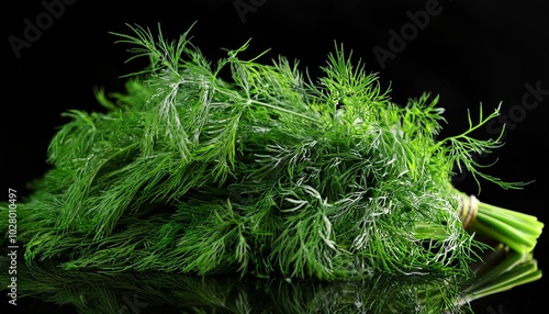 dill aromatic fresh herbs bunch of fresh green dill close up rotating on black background condiments vegetarian food organic bunch of anethum graveolens macro shot slow motion photo