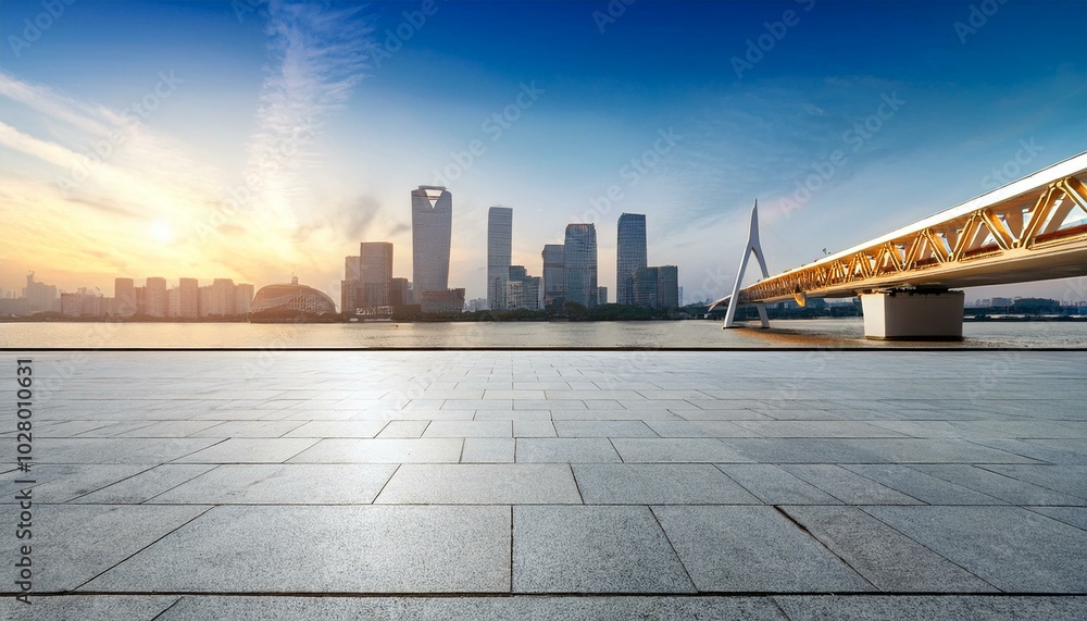 empty square floor and city skyline with bridge building in hangzhou china