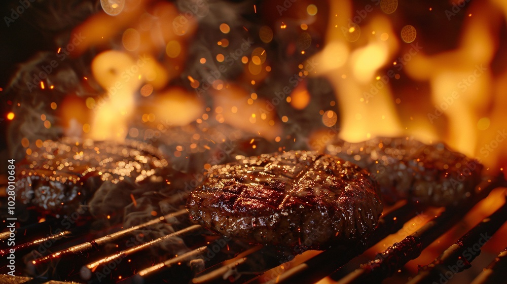 Grilled steaks with flames in the background. Grilled steaks with flames in the background.