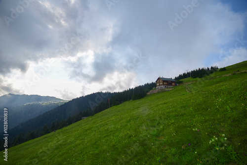 POKUT PLATEAU view with Kackar Mountains. This plateau located in Camlihemsin district of Rize province. Kackar Mountains region. Rize, Turkey.