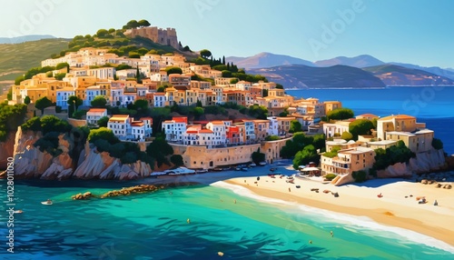 A captivating oil painting of a Mediterranean town perched by the sea, with distant mountains and golden summer light creating a peaceful coastal atmosphere, Generative AI