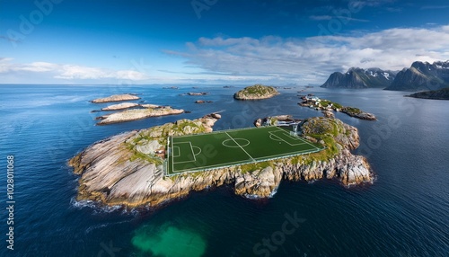 football field on islet from above aerial view henningsvaer nordland county lofoten islands photo