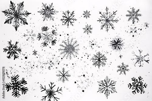 Various snowflakes drawn in black and white with intricate designs, scattered loosely across a white background
