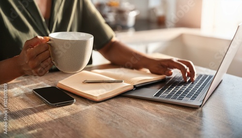 Obraz na płótnie freelancer workplace with laptop cup of coffee and notebook young woman working from home office in cozy kitchen female business close up of hands w salonie