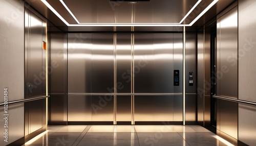 A minimalist elevator interior with reflective metal walls and inviting warm lighting, offering a modern and sophisticated look, Generative AI