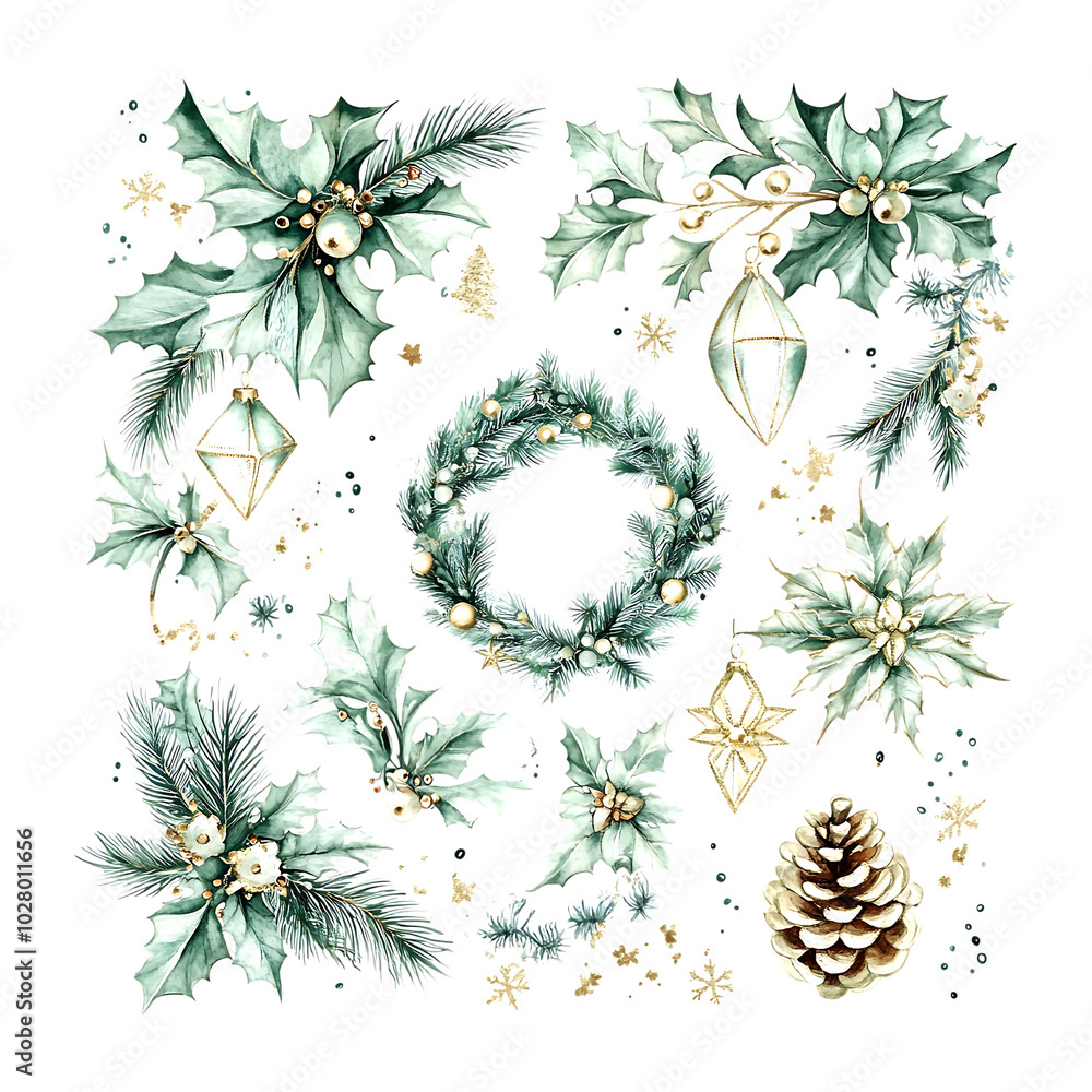 Christmas watercolor set with gold-green accents perfect for festive holiday designs Christmas watercolor set with gold-green accents perfect for festive holiday designs