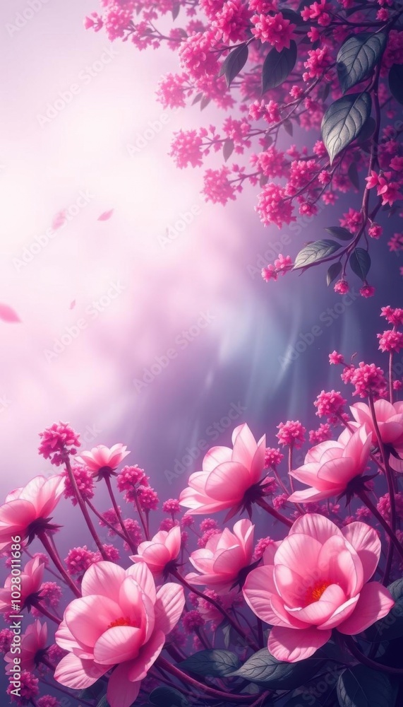 Fototapeta premium pink flowers in the middle of a field, beautiful wallpaper, pink flowers, beautiful wallpaper, flowery wallpaper, magical flowers