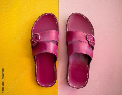 leather pink magenta sandals birkenstocks on pink and yellow background top view flat lay trendy fashion footwear mockup unisex summer shoes genuine leather flip flops for vacation beach photo