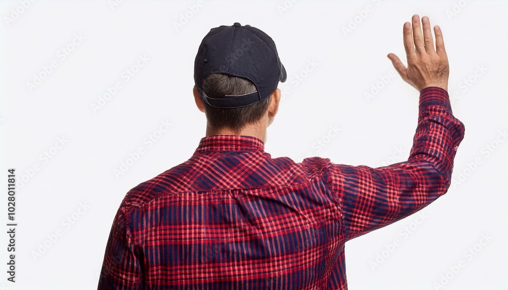 man wearing a red and navy checkered shirt with a cap waving his hand in a back view isolate cut out man wearing a red and navy checkered shirt with a cap waving his hand in a back view isolate cut out