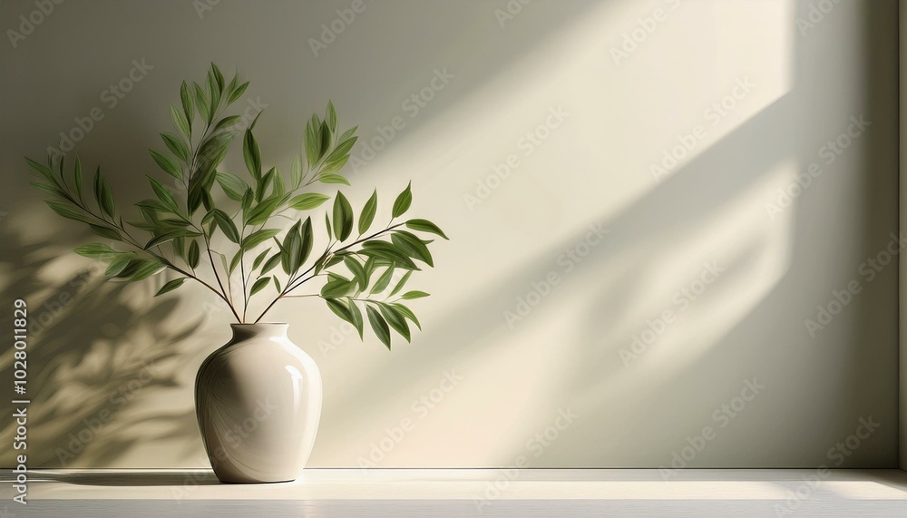 minimalistic light background with a ceramic vase with the plant and blurred foliage shadow on a light wall generated ai minimalistic light background with a ceramic vase with the plant and blurred foliage shadow on a light wall generated ai